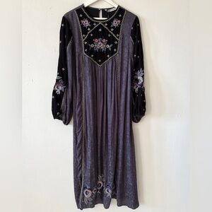 Embroidered Black Velvet Maxi Dress